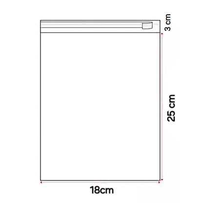 Cellofaanzakje met plakstrip, 18 cm breed en 25 cm hoog, met een extra sluitflap van 3 cm.