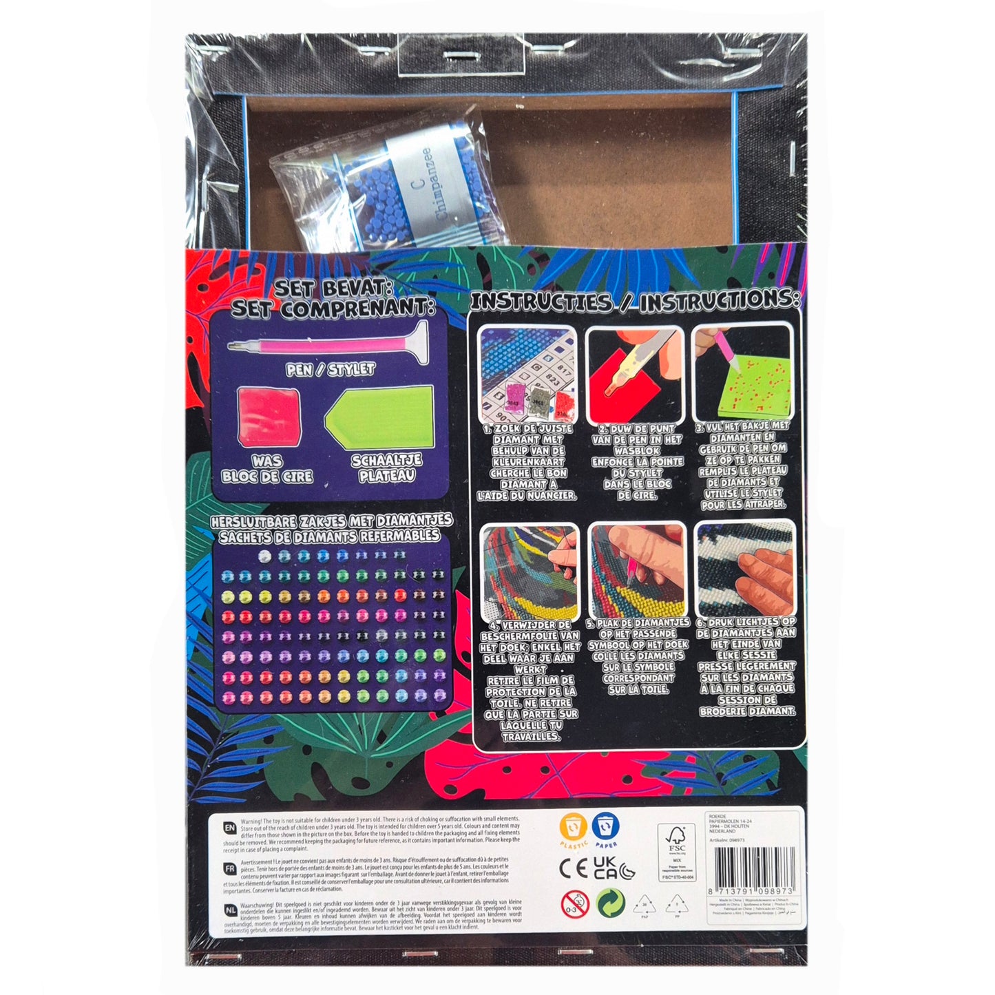 Diamond Painting: Canvas Chimpansee - 20x30 - Ronde steentjes