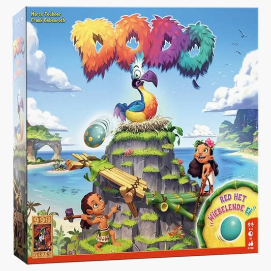 Doos van het Dodo bordspel van 999 Games met een kleurrijke dodo en een ei bovenop een berg.