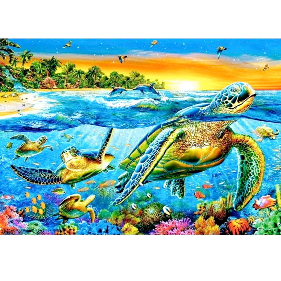 Voltooid eindresultaat van de Jumbo Underwater Turtles puzzel van 3000 stukjes. De puzzel toont een kleurrijke onderwaterscène met verschillende soorten schildpadden die tussen koraalriffen en zeevegetatie zwemmen.