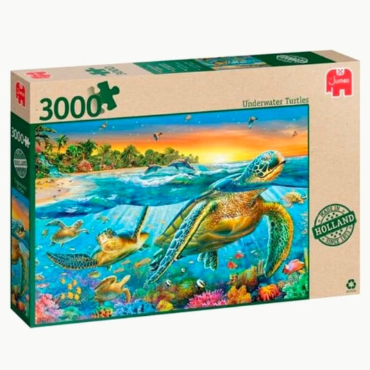 Vooraanzicht van een Jumbo Underwater Turtles puzzel in doos, 3000 stukjes. De doos toont een afbeelding van schildpadden en bevat informatie over de puzzel.