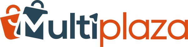 Multiplaza logo met oranje winkeltasje en een zwarte winkeltasje met zwart en oranje tekst, bedrijfsidentiteit van Multiplaza