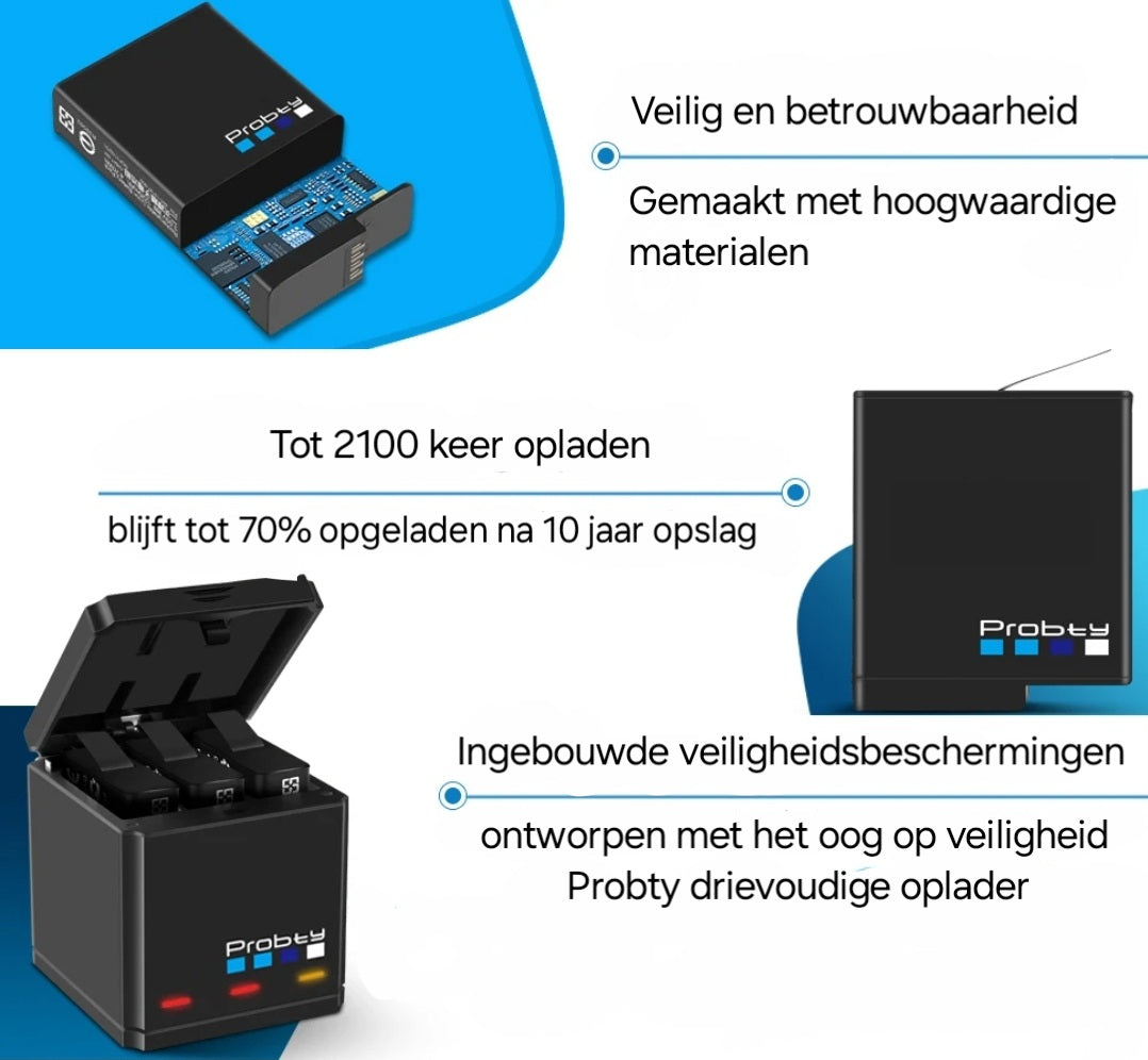Probty batterijlader + 3 batterijen