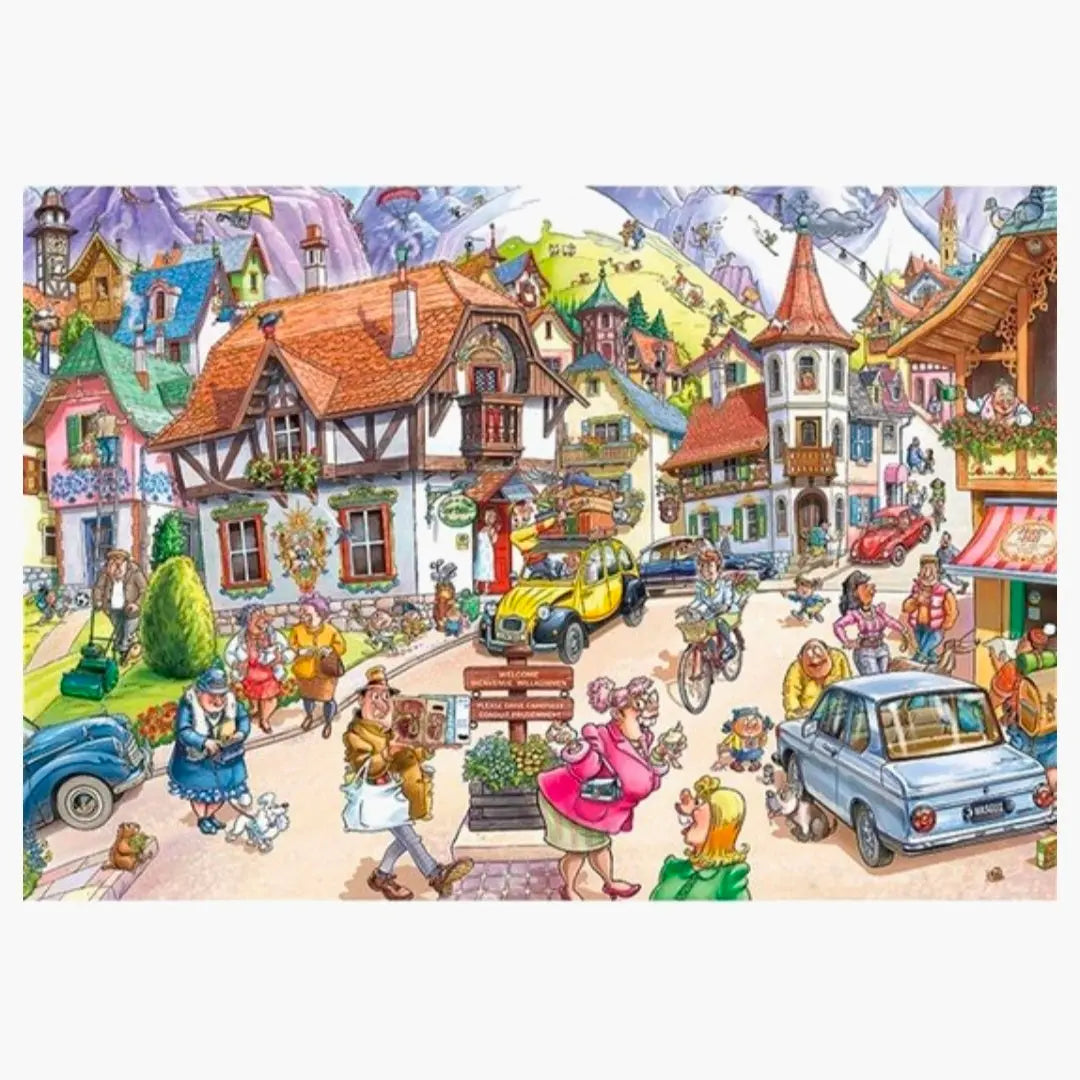 Illustratie van een bergstadje met vakwerkhuizen, bewoners, toeristen en vakantieauto’s