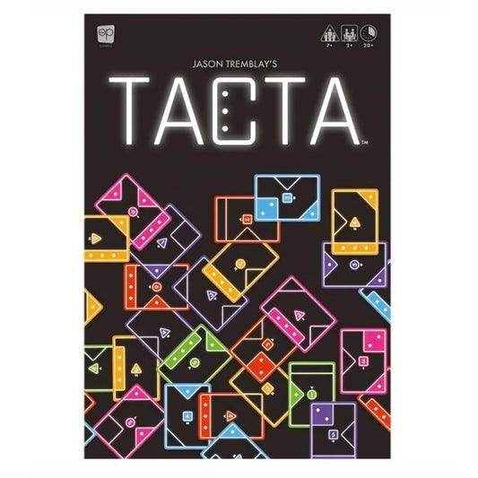 Voorkant van de Tacta speldoos met kleurrijke geometrische kaarten op een zwarte achtergrond
