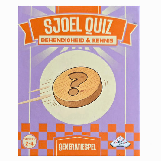 Voorkant van de paarse SjoelQuiz-speldoos van Identity Games met een sjoelschijf met vraagteken.